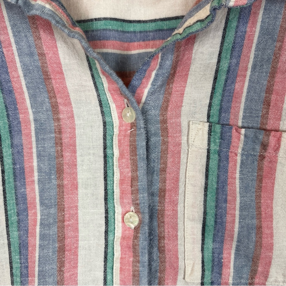 Orvis Shirt Womens Large Pink Blue Stripe Linen Blend Short Sleeve Button- 4096 - Picture 4 of 11